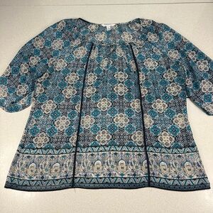 Croft & Barrow Teal and Beige Patterned Blouse